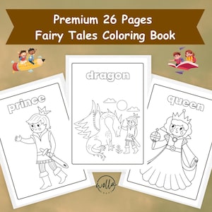 26 Pages Fairy Tales Coloring Book for Kids | Printable Princess, Prince, Queen, Dragon Coloring Pages | Kids Activity Book PDF