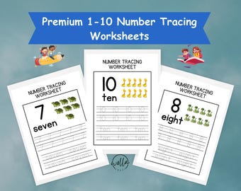 May include: Three white worksheets with number tracing exercises. The worksheets feature the numbers 7, 8, and 10, along with the written words for each number. The worksheets are labeled "Premium 1-10 Number Tracing Worksheets". Each worksheet has tracing lines.