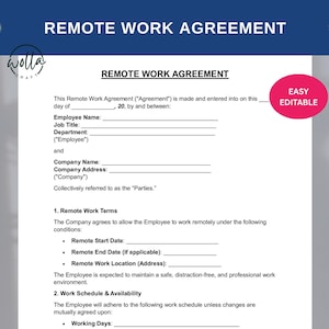 Könnte beinhalten: Ein weißes Dokument mit dem Titel „Remote Work Agreement“ mit ausfüllbaren Feldern für Mitarbeiter- und Unternehmensinformationen. Ein rosa Kreis mit dem Text „Easy Editable“ befindet sich oben rechts. Das Dokument enthält Abschnitte für Remote-Arbeitsbedingungen und Arbeitszeit.