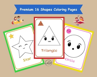 May include: Three colourful shape flashcards featuring a star, triangle, and circle, each with a smiling face. The cards are labelled with the shape names and have green, red, and yellow borders. The text "Premium 16 Shapes Coloring Pages" is at the top.