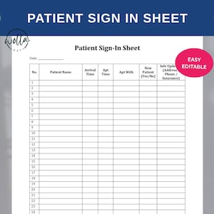 Patient Sign In Sheet Template Printable – Editable Sign-In Log for Medical Office, Doctor, Dental, Therapist, Healthcare Clinic