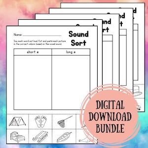 May include: Black and white printable worksheet with the title "Sound Sort". The worksheet has two columns labeled "short e" and "long e". There are eight black and white images below the columns. The images include a tent, feet, a net, a bed, a sled, a pea pod, a leaf, and a hat.