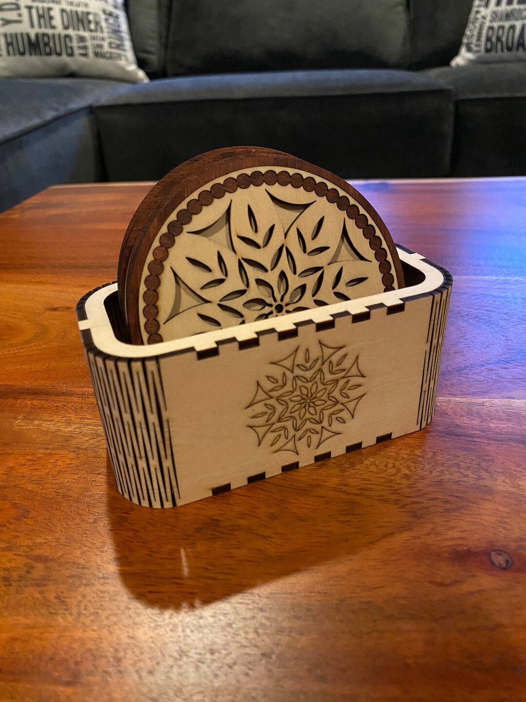 Wood Inlay Coaster Set With Tray Gift Laser Cut File Digital Download