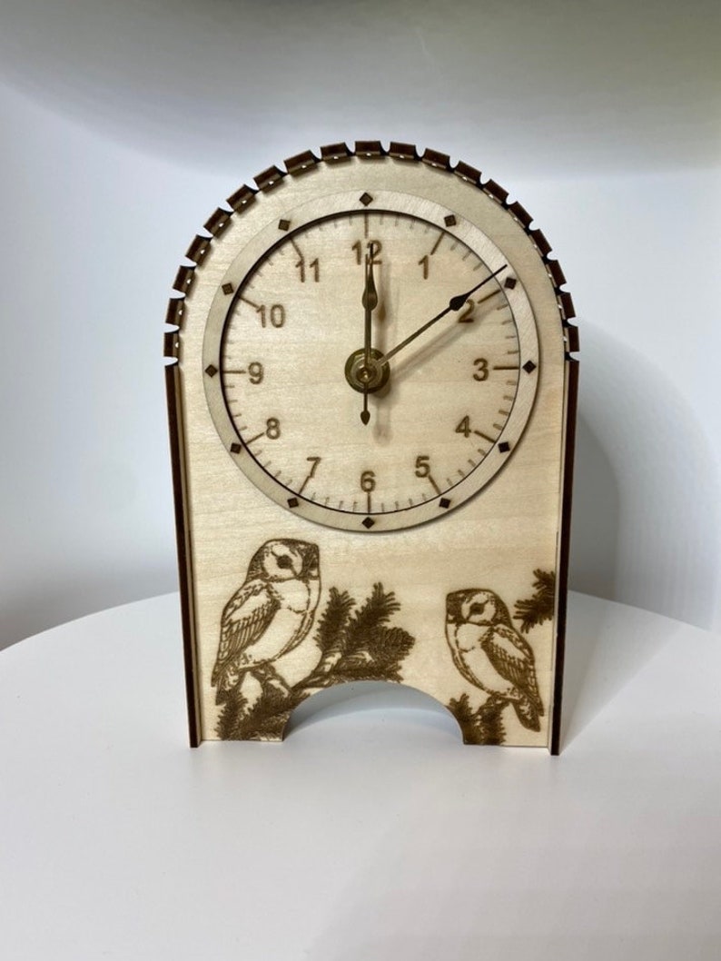 Personalized Desk or Mantle Clock Laser Cut & Engraved Wood Clock Owls