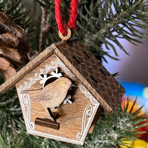 Vogelhaus Ornament mit Vogel Digitaler Download Laser Cut Datei Lightburn SVG DXF LBRN2 Glowforge Vogelliebhaber Schrott Buster