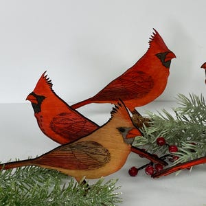 May include: Three wooden cardinal bird ornaments with red and brown paint, perched on a green pine branch with red berries.