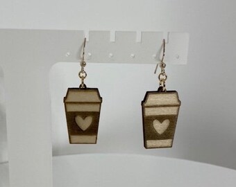 Coffee lover earrings Laser cut and engraved wood earrings for pierced ears