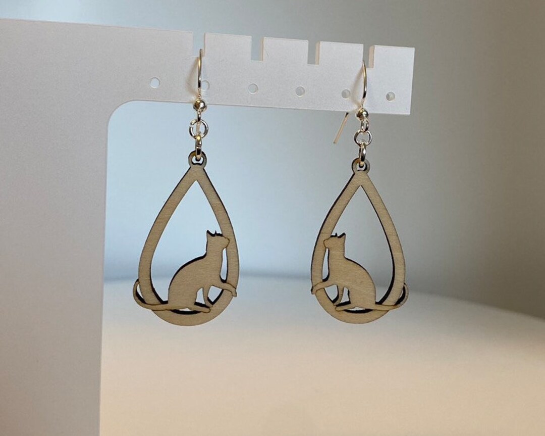 Kitty Cat Earrings, Laser Cut and Engraved Wood, Light Weight, Pierced