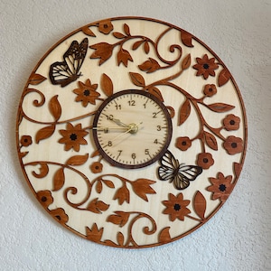 Reloj de pared de madera cortado con láser Descarga digital 2 diseños Mariposas y enredadera floral Lightburn listo SVG DXF LBRN2 Descarga instantánea DIY