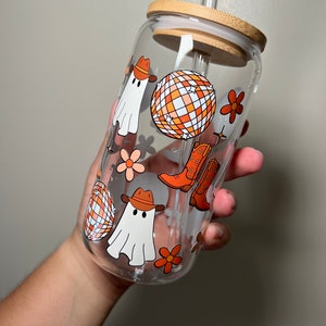 Ghost and Pumpkin Glass Cup with Bamboo Lid and Straw – Mrs Pretty