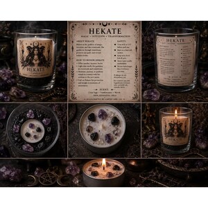 Könnte beinhalten: Eine Auswahl an Hekate-Kerzen und Teelichtern mit Amethystkristallen. Die Kerzen befinden sich in Gläsern und Metallbehältern, einige sind angezündet. Die Etiketten zeigen eine Illustration einer Göttin und Text über Hekate, Magie und Intuition.