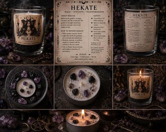 Könnte beinhalten: Eine Auswahl an Hekate-Kerzen und Teelichtern mit Amethystkristallen. Die Kerzen befinden sich in Gläsern und Metallbehältern, einige sind angezündet. Die Etiketten zeigen eine Illustration einer Göttin und Text über Hekate, Magie und Intuition.