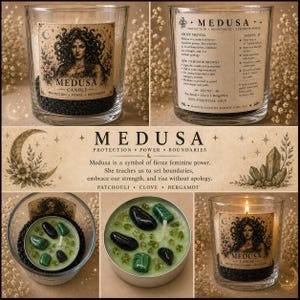 May include: A Medusa candle in a clear glass jar with black stones at the base. The candle has a label with a Medusa illustration and the words "Protection, Power, Boundaries." The candle is lit in one image.