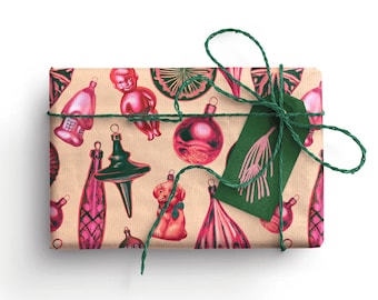 Inpakpapier kerstornament vintage stijl: retro roze en groen