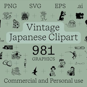 Könnte beinhalten: Eine Sammlung von 981 Vintage-japanischen Clipart-Grafiken in Schwarzweiß. Die Grafiken umfassen eine Vielzahl von Bildern, wie z. B. Menschen, Tiere, Pflanzen und Objekte. Der Text "Vintage Japanese Clipart" und "981 Graphics" wird in der Mitte des Bildes angezeigt. Der Text "Commercial and Personal use" wird am unteren Rand des Bildes angezeigt.
