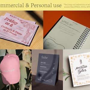 a collage of mockups using the borders and frames. There are party invites, planner pages, menus, wedding invitations and a hat all using the clipart.
