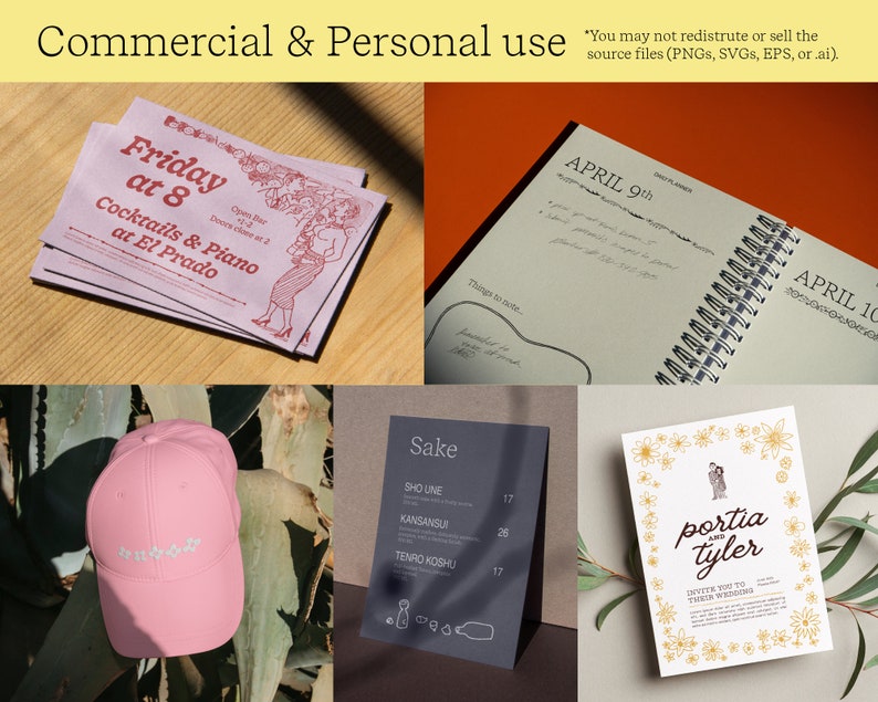 a collage of mockups using the borders and frames. There are party invites, planner pages, menus, wedding invitations and a hat all using the clipart.