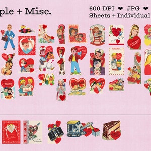 An image showing about 30 of the vintage valentines, this group is all people in a cute vintage 1950s or 1960s art style, along with some miscellaneous cards that dont fit into any particular category