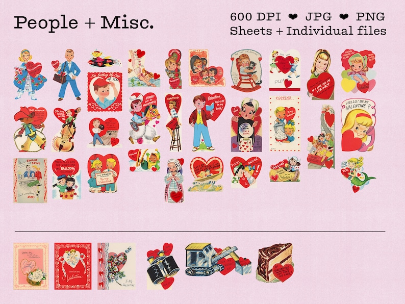 An image showing about 30 of the vintage valentines, this group is all people in a cute vintage 1950s or 1960s art style, along with some miscellaneous cards that dont fit into any particular category