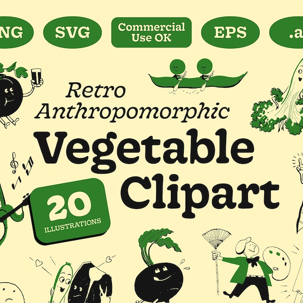 20 Vegetable Svg, Gardening Clipart, Vegetable Clipart, 50s Svg, Vintage SVG, Retro PNG, Retro Clipart, Vintage Clipart, Digital Download