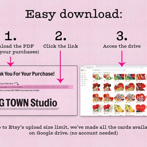 an image describing the download process. You download a PDF after purchase, that has a link leading to the google drive where all the files are stored
