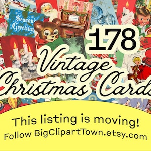Cartões de Natal Vintage, Clipart de Natal, Cartão de Natal para Imprimir, Diário de Lixo, Efêmeras de Natal, Download Digital, Natal Retro