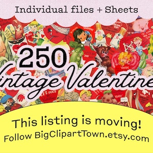250 tarjetas vintage de San Valentín, imágenes prediseñadas de San Valentín, San Valentín vintage imprimible, descarga digital, San Valentín antropomórfico, día de San Valentín