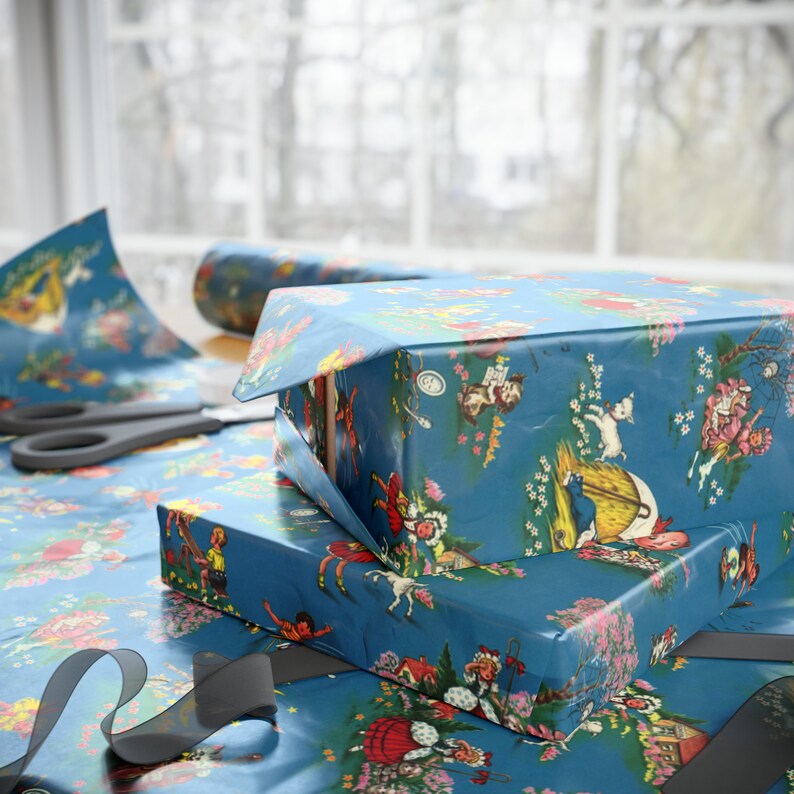 Cute wrapping paper with vintage illustrations depicting different nursery rhymes. The paper is primarily blue.