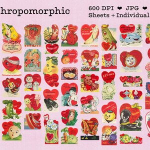 An image showing about 30 of the vintage valentines, this group is all anthropomorphic objects or food in a cute vintage 1950s or 1960s art style