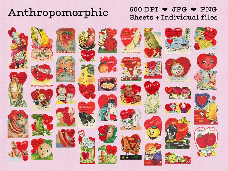 An image showing about 30 of the vintage valentines, this group is all anthropomorphic objects or food in a cute vintage 1950s or 1960s art style