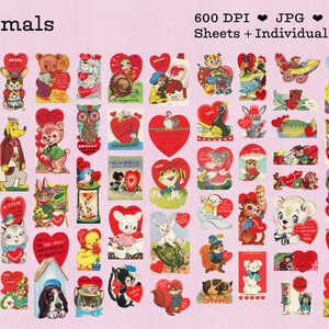 An image showing about 30 of the vintage valentines, this group is all animals in a cute vintage 1950s or 1960s art style