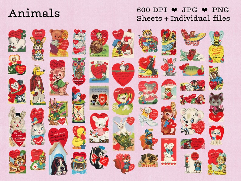 An image showing about 30 of the vintage valentines, this group is all animals in a cute vintage 1950s or 1960s art style