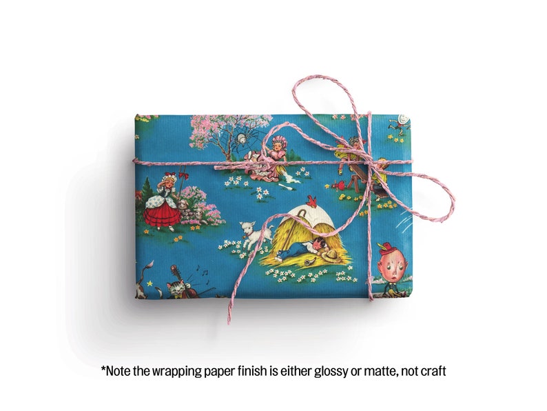 Cute wrapping paper with vintage illustrations depicting different nursery rhymes. The paper is primarily blue.