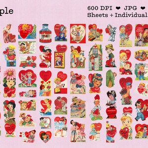 An image showing about 30 of the vintage valentines, this group is all people in a cute vintage 1950s or 1960s art style
