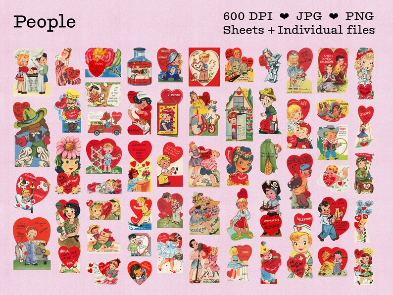An image showing about 30 of the vintage valentines, this group is all people in a cute vintage 1950s or 1960s art style