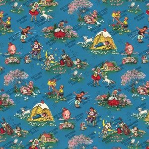 Cute wrapping paper with vintage illustrations depicting different nursery rhymes. The paper is primarily blue.