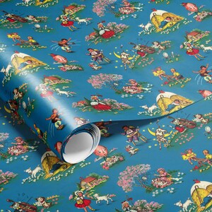 Cute wrapping paper with vintage illustrations depicting different nursery rhymes. The paper is primarily blue.
