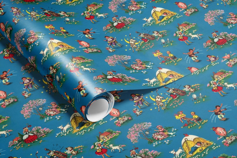 Cute wrapping paper with vintage illustrations depicting different nursery rhymes. The paper is primarily blue.