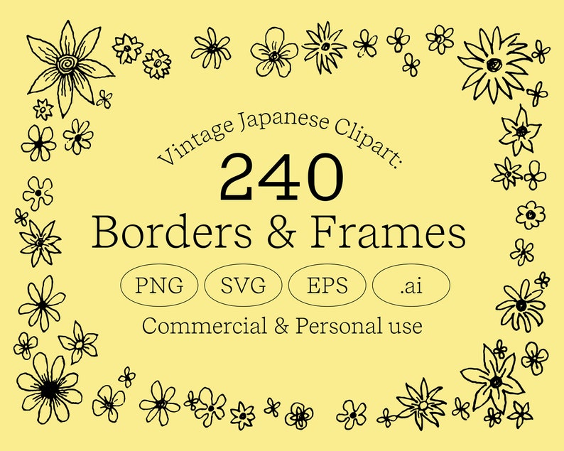the title screen showing a floral frame with the title of the listing inside it. There are 240 borders & frames, available as PNG, SVG, EPS, or as an illustrator file. You may use it for personal or commercial projects.