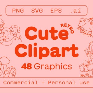 Könnte beinhalten: Ein Set mit 48 niedlichen Retro-Clipart-Grafiken im Schwarzweiß-Linienkunst-Stil. Die Grafiken beinhalten eine Biene, eine Blume, einen Frosch, einen Pilz und ein Mädchen mit einem Schaf. Der Text "Cute Clipart" und "48 Graphics" ist rot. Der Text "Commercial + Personal use" ist ebenfalls rot.