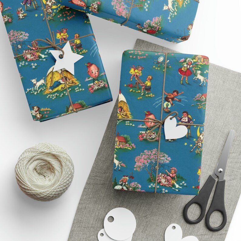 Cute wrapping paper with vintage illustrations depicting different nursery rhymes. The paper is primarily blue.