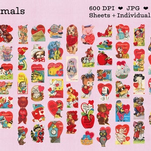 An image showing about 30 of the vintage valentines, this group is all animals in a cute vintage 1950s or 1960s art style