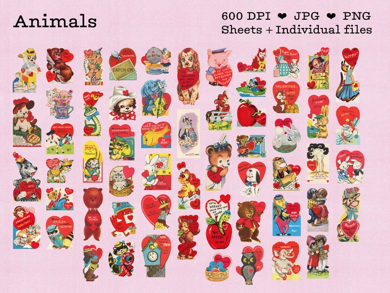 An image showing about 30 of the vintage valentines, this group is all animals in a cute vintage 1950s or 1960s art style