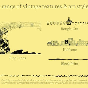 This image shows the range of art style of the borders and frames. There are finely detailed graphics, rough cut, halftone, and block print. The text at the bottom says that the graphics were digitized from old japanese song paperbacks