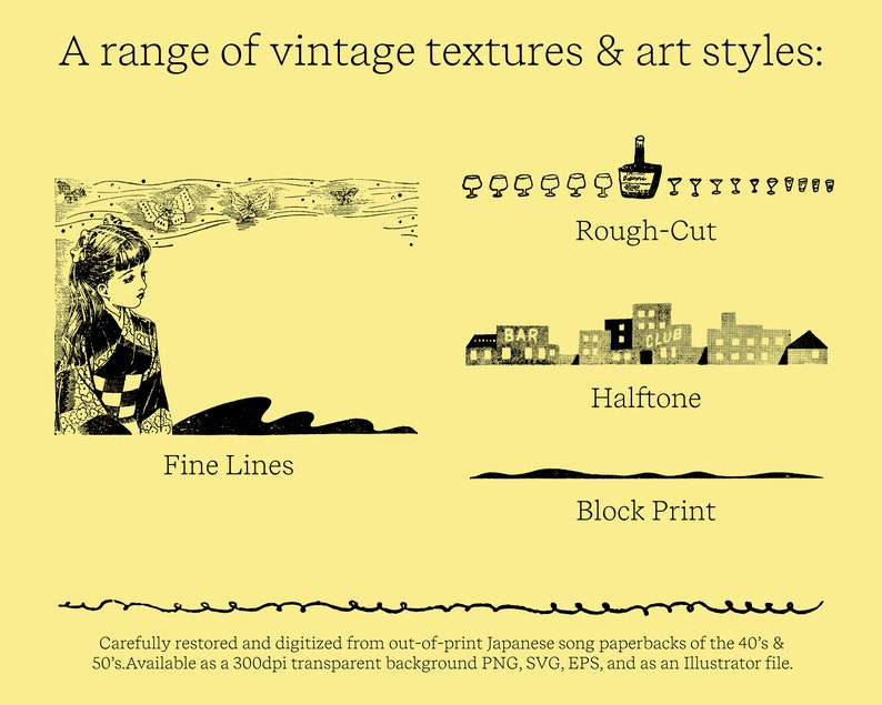 This image shows the range of art style of the borders and frames. There are finely detailed graphics, rough cut, halftone, and block print. The text at the bottom says that the graphics were digitized from old japanese song paperbacks