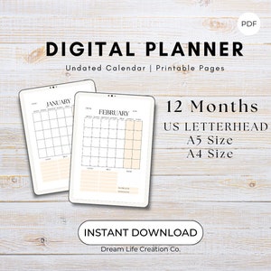 Undated Monthly Calendar, Printable, Digital Planner, 12 Months, Instant Download, A4 A5 Letterhead PDF