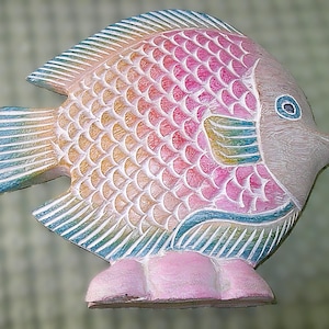 Vintage Pastel Carved Wooden Fish 1980s