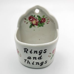 Vintage Rings and Things Small Porcelain Wall Pocket Trinket Dish Pink Roses