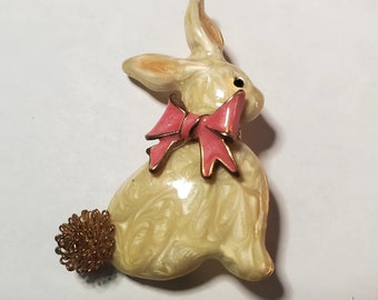 Enameled Bunny Rabbit Pin brooch with Fluffy Goldtone Tail Easter