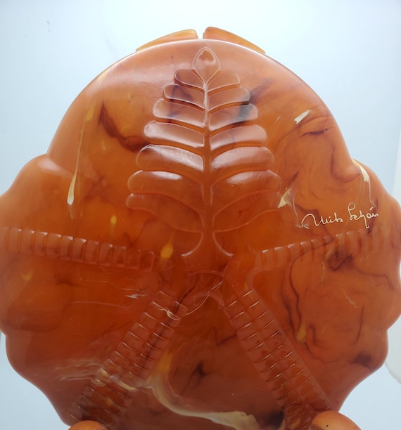 Amber Colored Clam Shell Case Fossilized Design S… - image 1